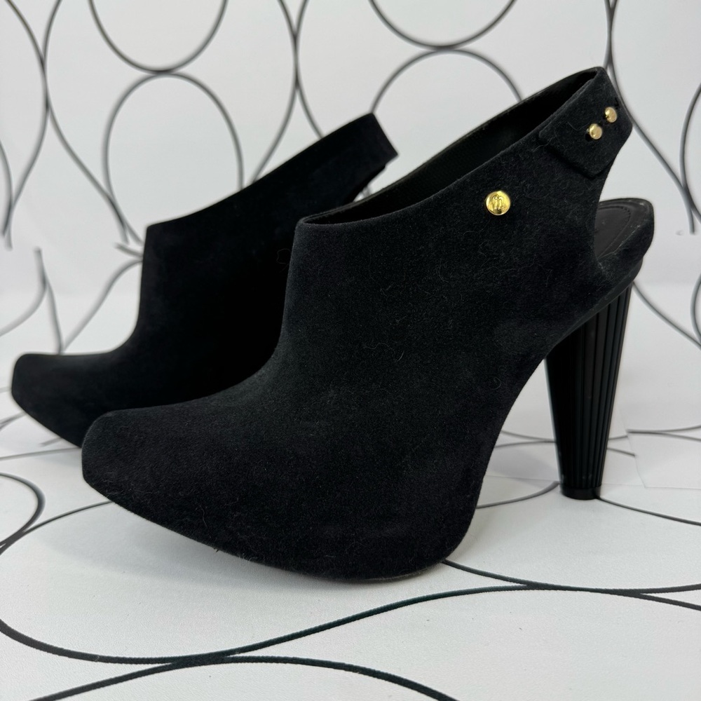 Melissa flocked black heeled with strap mule/clog